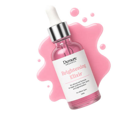 Pink skincare elixir bottle with dropper on a white background