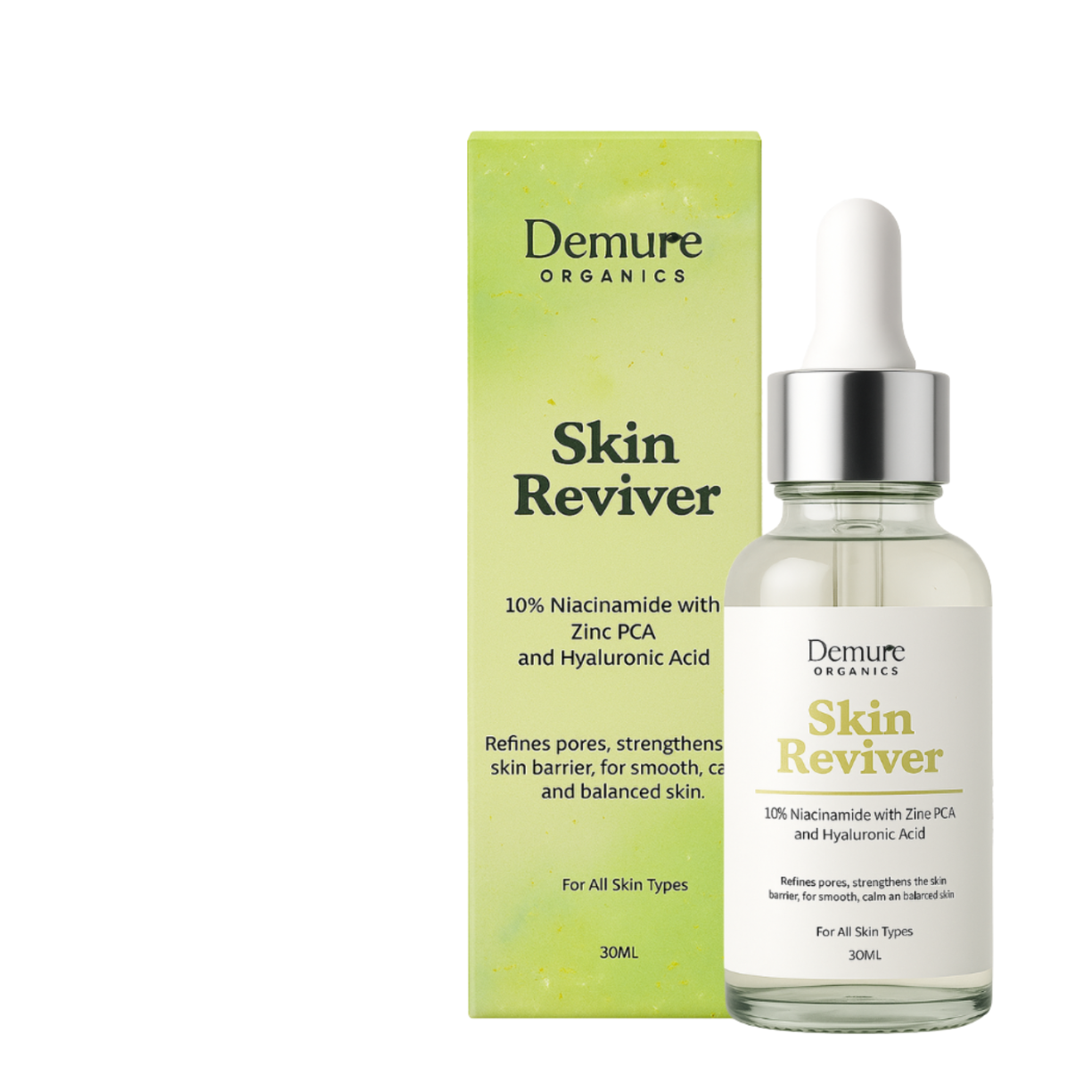 Demure Organics Skin Reviver serum bottle and packaging on a white background